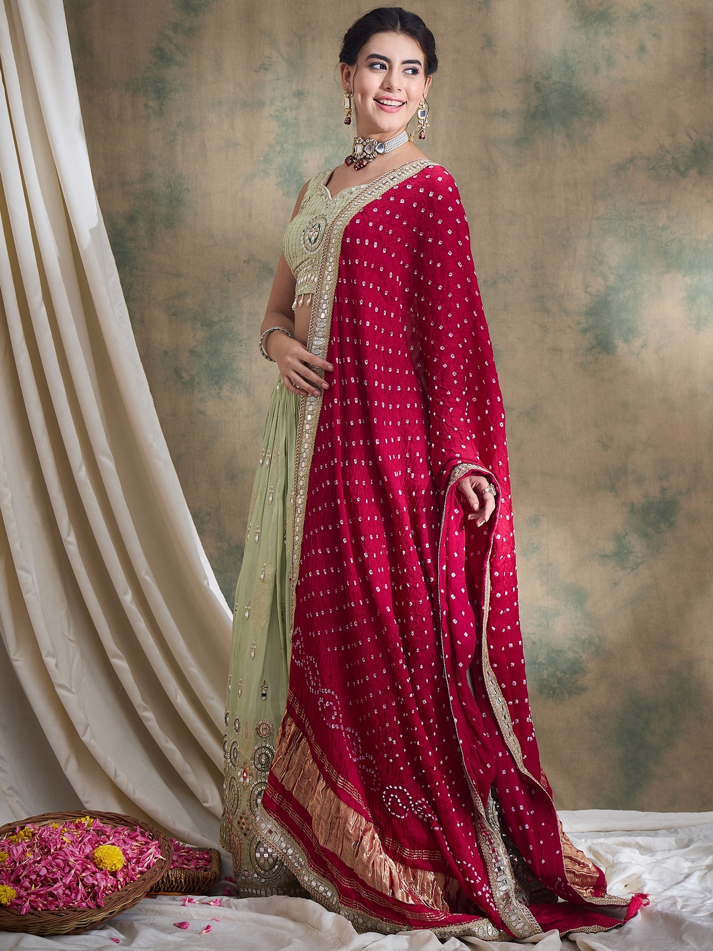 Pistachio sequin Embroidered Lehenga Set with Rani Bandhej Dupatta