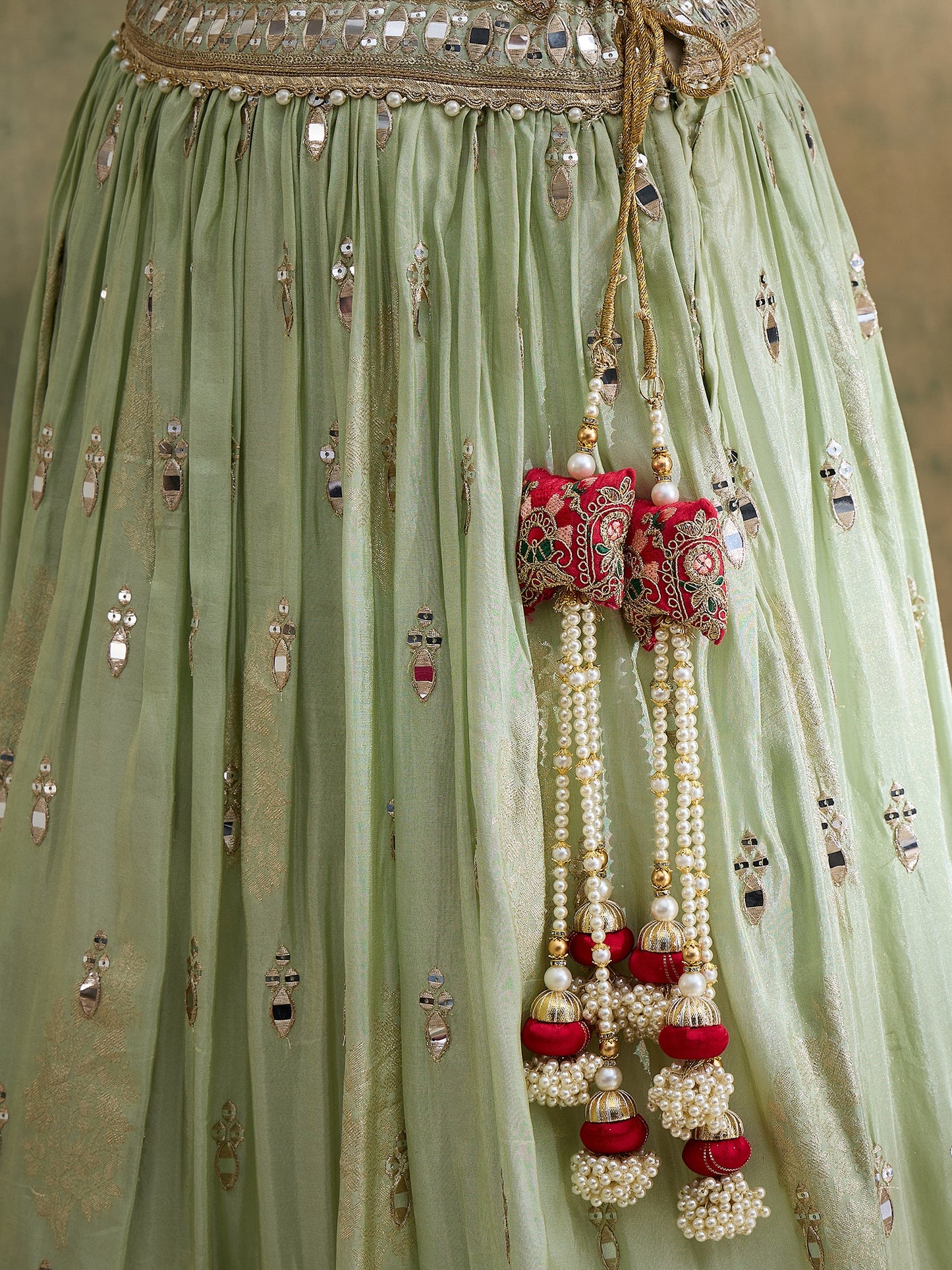 Pistachio sequin Embroidered Lehenga Set with Rani Bandhej Dupatta