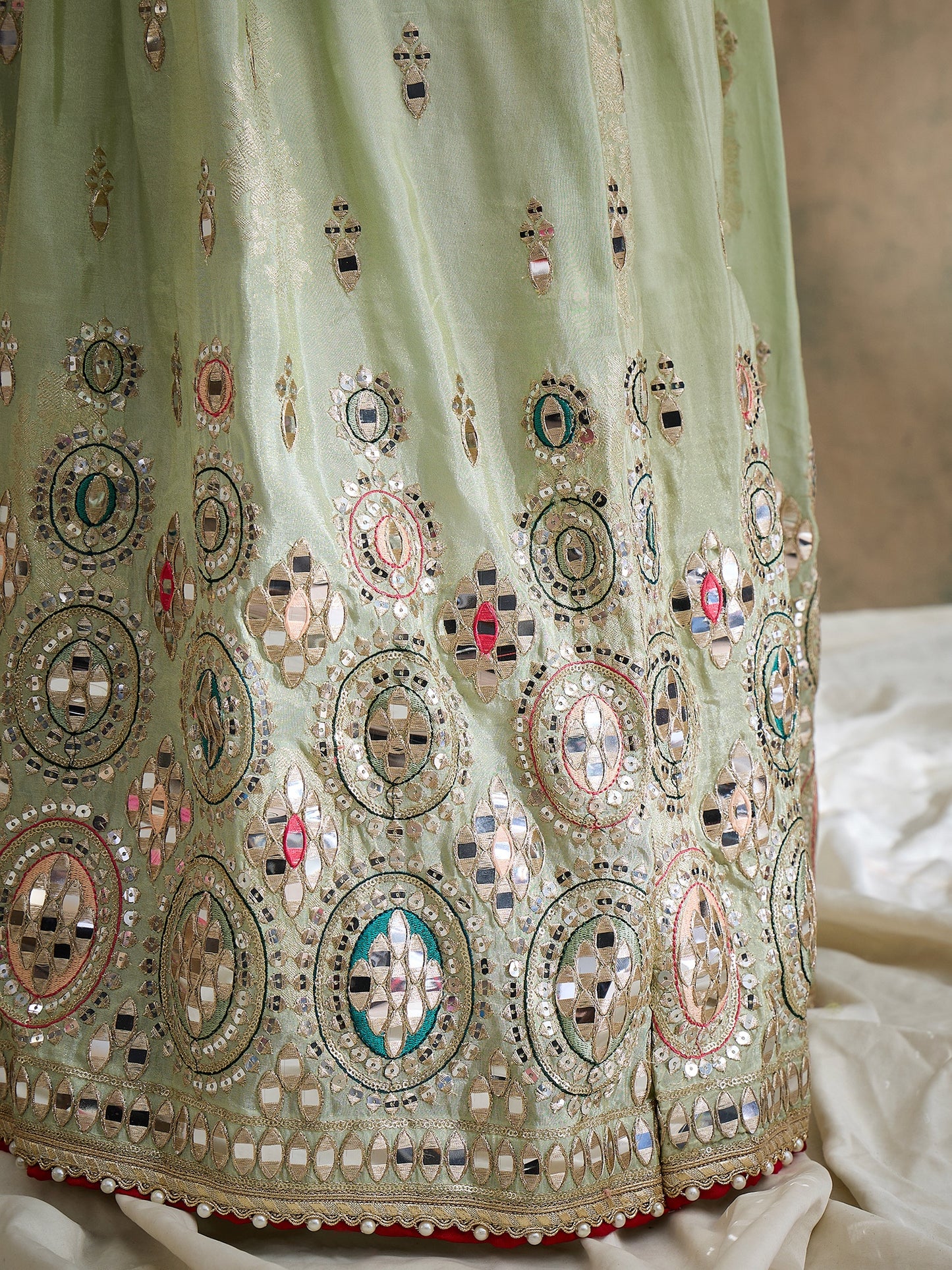 Pistachio sequin Embroidered Lehenga Set with Rani Bandhej Dupatta