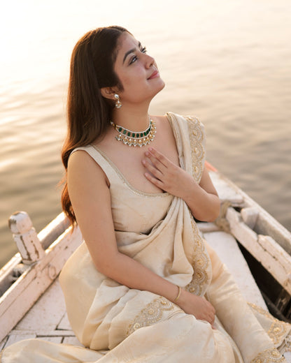 Ivory Gold Tissue Saree with Zari Embroidery