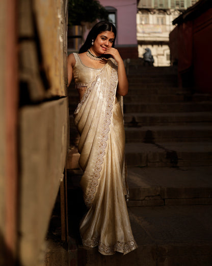 Ivory Gold Tissue Saree with Zari Embroidery