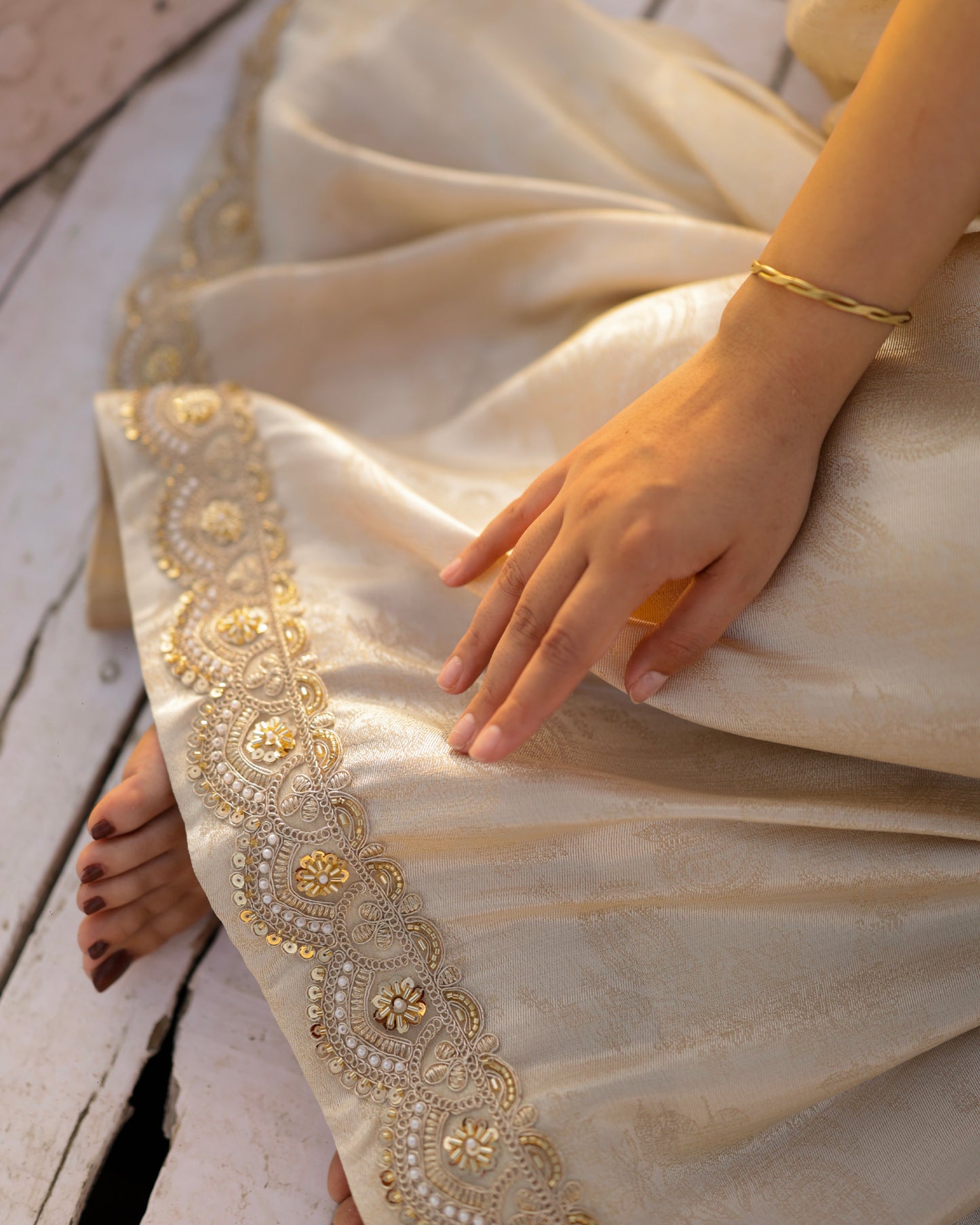 Ivory Gold Tissue Saree with Zari Embroidery