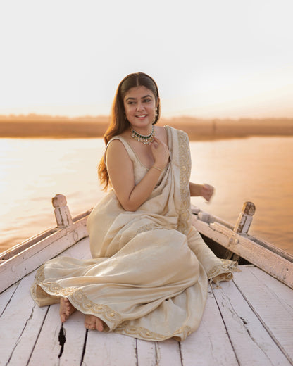Ivory Gold Tissue Saree with Zari Embroidery