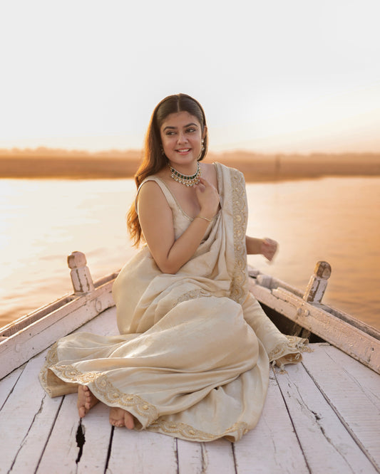 Ivory Gold Tissue Saree with Zari Embroidery