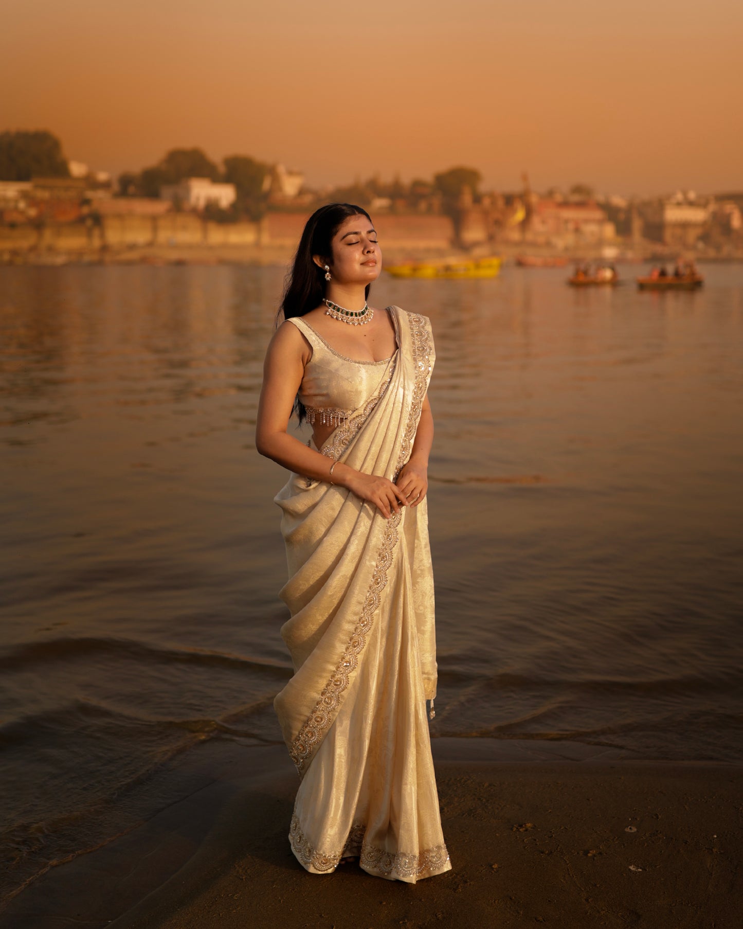 Ivory Gold Tissue Saree with Zari Embroidery