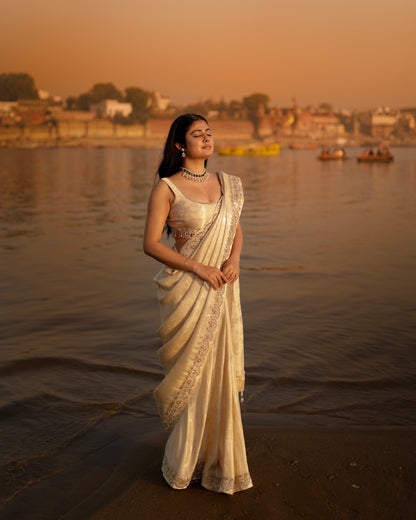 Ivory Gold Tissue Saree with Zari Embroidery